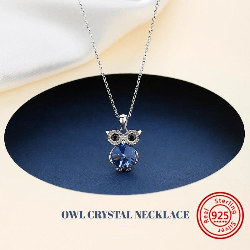 925 Silver Owl Pendant Necklace with Crystal for Women