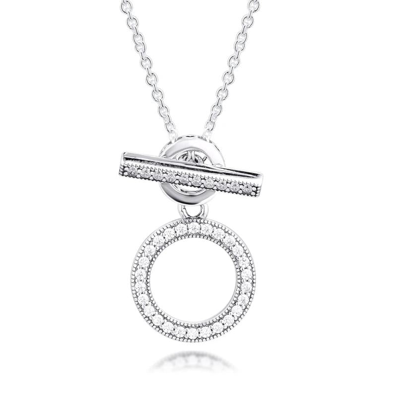 Double Hoop T-bar Necklace 925 Sterling Silver Clear CZ Pendant