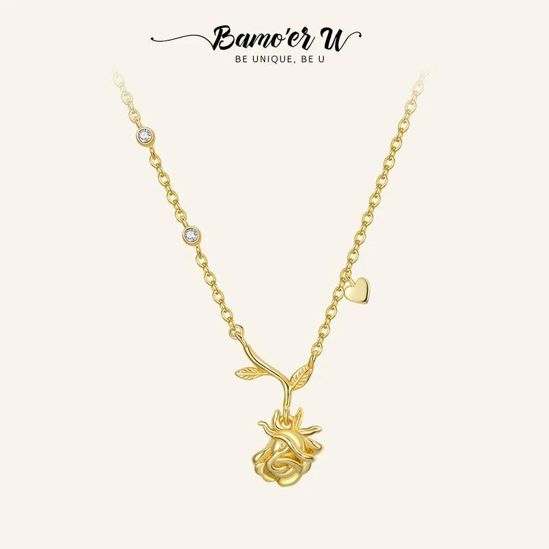 925 Sterling Silver Little Prince Rose Flower Pendant Necklace Plated