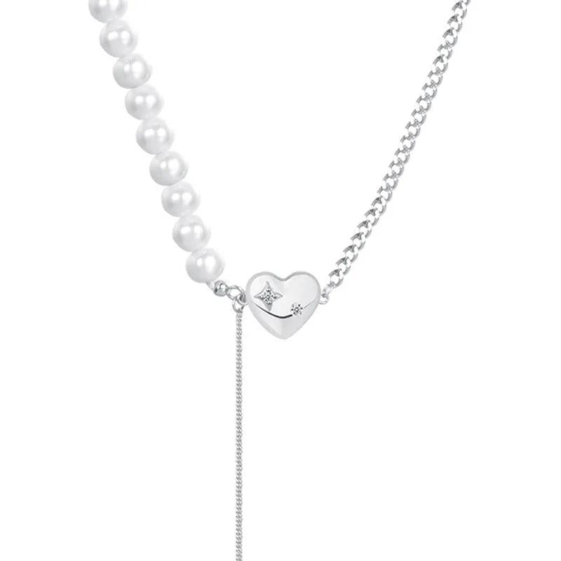 925 Silver Tassel Necklace w/ Pearl Heart Pendant