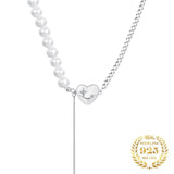 925 Silver Tassel Necklace w/ Pearl Heart Pendant