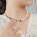 925 Silver Tassel Necklace w/ Pearl Heart Pendant