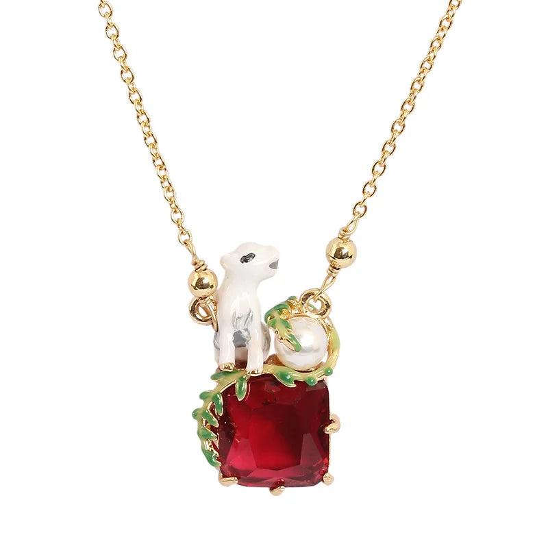 Polar Bear Red Stone Zircon Pearl Pendant Necklace for Women