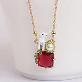 Polar Bear Red Stone Zircon Pearl Pendant Necklace for Women