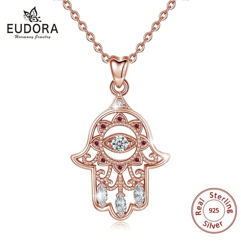 925 Silver Zircon Hamsa Hand Necklace Purple Pendant