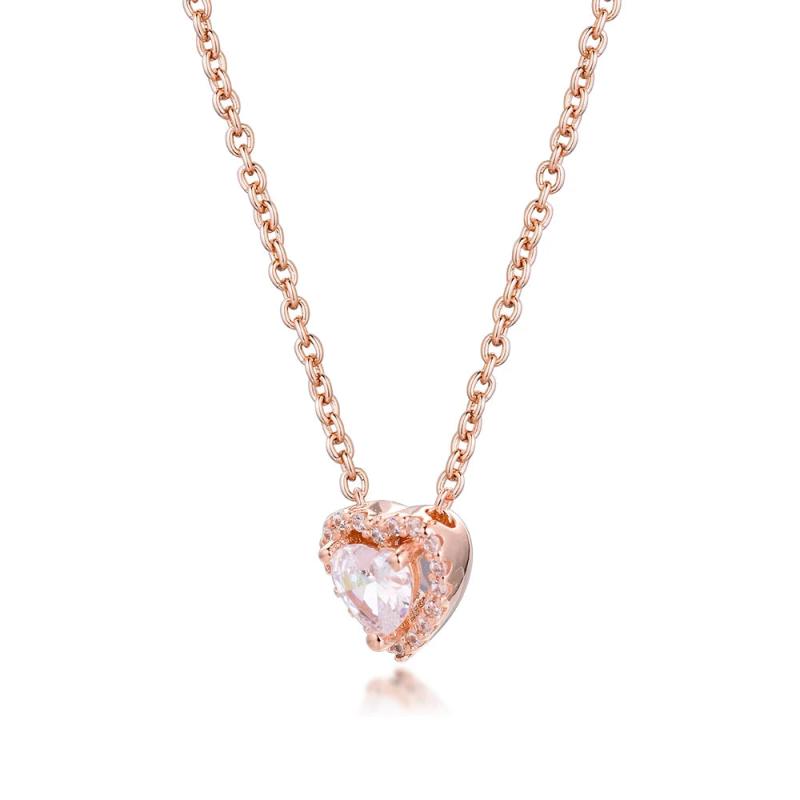 Rose Heart Necklace 925 Sterling Silver Clear CZ Pendant