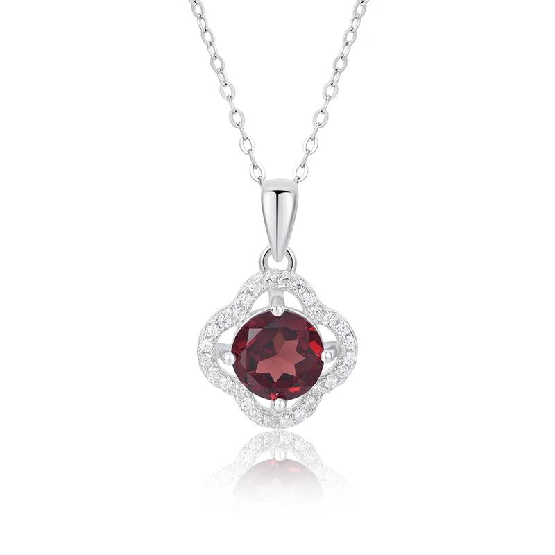 925 Silver Four Leaf Clover Pendant Natural Garnet Necklace