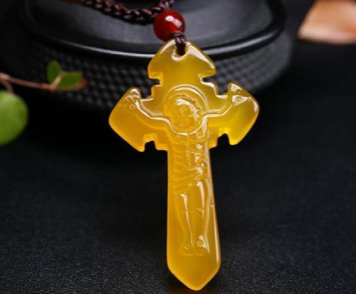 Yellow Agate Jade Cross Prayer Pendant Necklace Sweater Chain