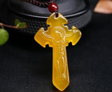Yellow Agate Jade Cross Prayer Pendant Necklace Sweater Chain