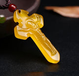 Yellow Agate Jade Cross Prayer Pendant Necklace Sweater Chain