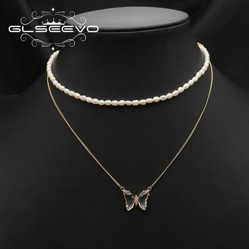 Charm Insect Dark Butterfly Double Pearl Pendant Necklace