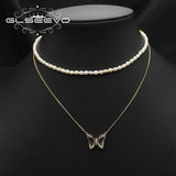 Charm Insect Dark Butterfly Double Pearl Pendant Necklace