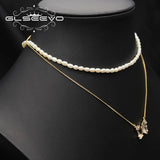 Charm Insect Dark Butterfly Double Pearl Pendant Necklace