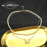 Charm Insect Dark Butterfly Double Pearl Pendant Necklace