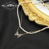 Charm Insect Dark Butterfly Double Pearl Pendant Necklace