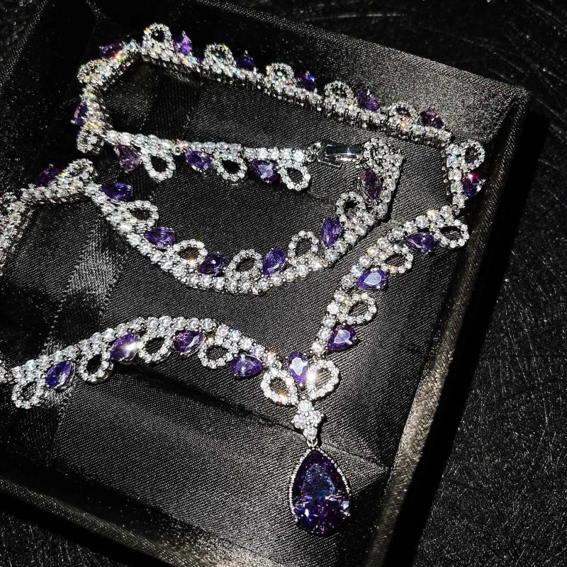 Silver Amethyst Crystal Charm Choker Necklace for Party