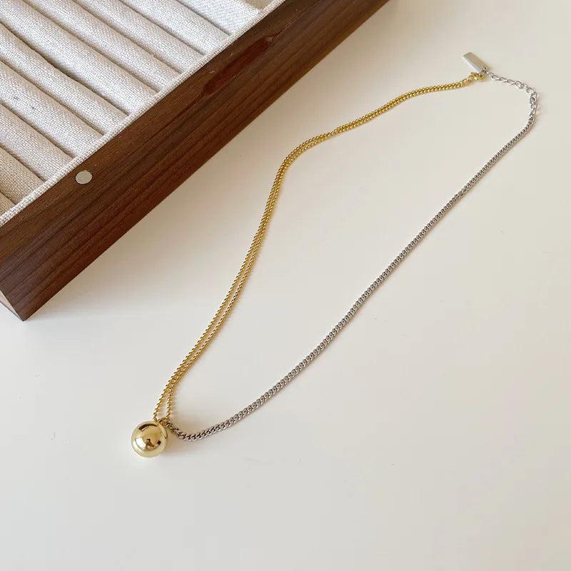 925 Silver Ball Pendant Necklace Two Asymmetry Bead Chain Jewelry