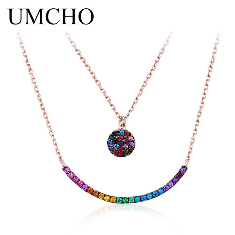 925 Silver Colorful Gemstone Smile Necklace Double Chain For Women Birthday Gift