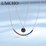 925 Silver Colorful Gemstone Smile Necklace Double Chain For Women Birthday Gift