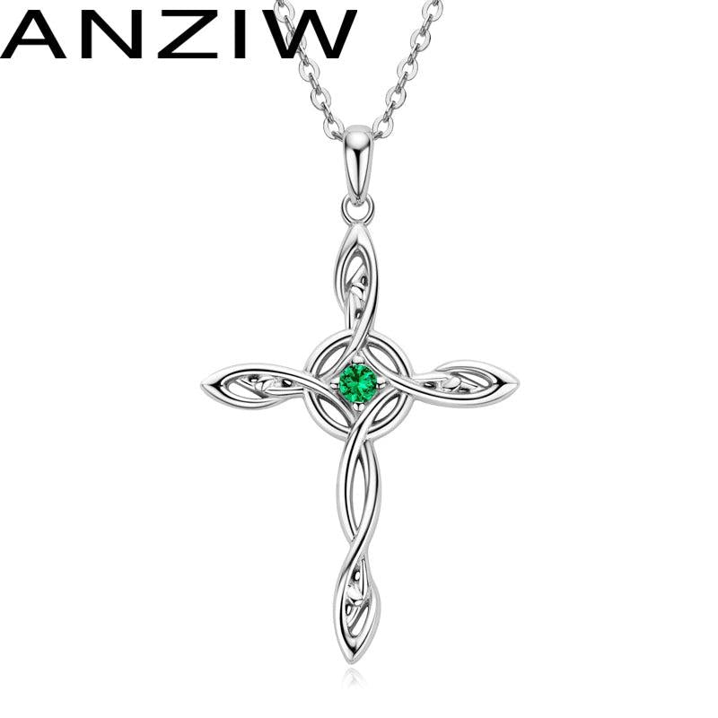 Green CZ Cross Pendant Necklace 925 Silver