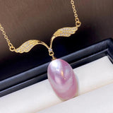 Vintage Horse Shell Pearl Pendant Necklace 14K Wrapped Pink Wing Horse Shell