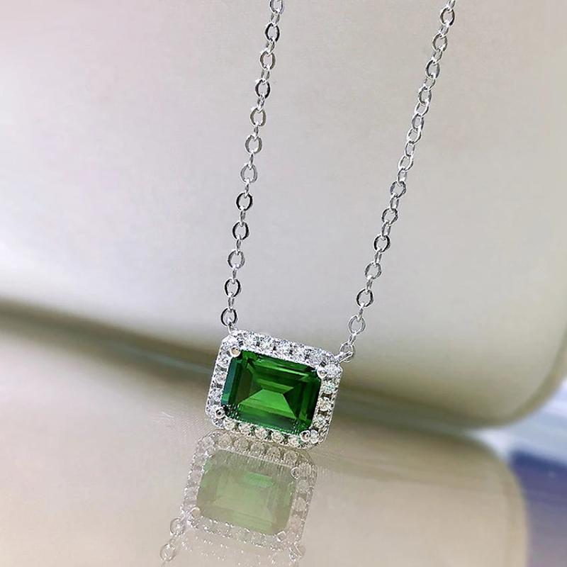 S925 Silver Necklace Emerald Cutting Pendant Summer Jewelry