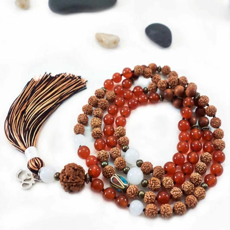 8mm Rudraksha Agate Sandalwood Beads Necklace Yoga Mental Relief