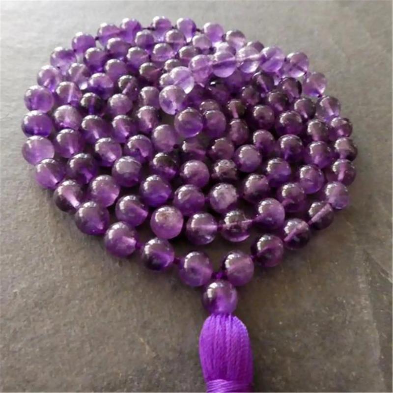 8mm Amethyst 108 Beads Tassel Necklace Spirituality Tibetan Yoga Prayer
