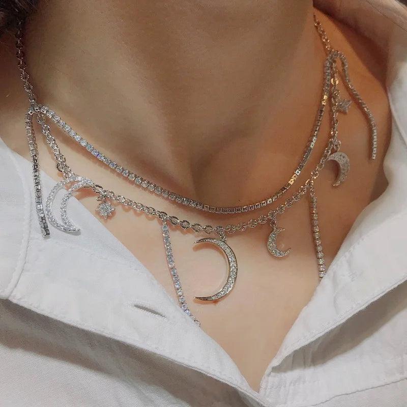 European Fine Moon Star Zircon 18KT Necklace