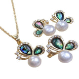 Natural Pearl Stud Earrings & Flower Pendant Necklace Set