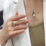 Natural Pearl Stud Earrings & Flower Pendant Necklace Set