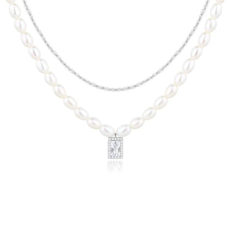 Vintage Double Layer Pearl Necklace Sterling Silver 925 Zircon Pendant