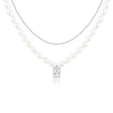 Vintage Double Layer Pearl Necklace Sterling Silver 925 Zircon Pendant