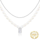 Vintage Double Layer Pearl Necklace Sterling Silver 925 Zircon Pendant