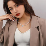Vintage Double Layer Pearl Necklace Sterling Silver 925 Zircon Pendant