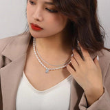 Vintage Double Layer Pearl Necklace Sterling Silver 925 Zircon Pendant