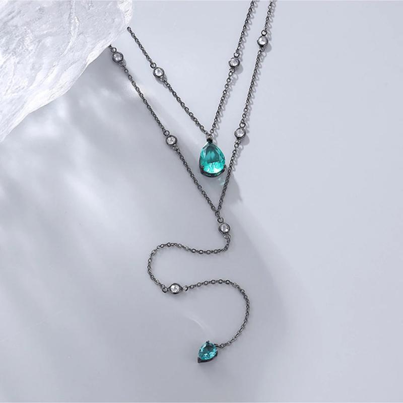 S925 Silver Necklace Green Diamond Pendant Double Layer Necklace
