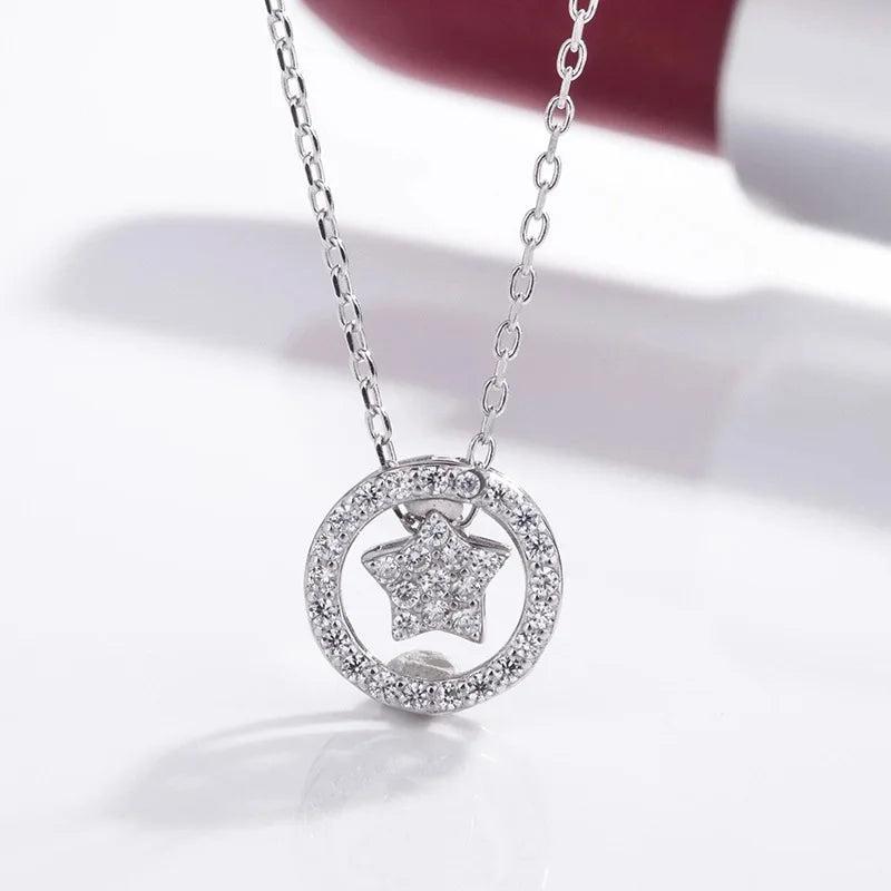 925 Silver Star Necklace with Diamonds Circle Pendant