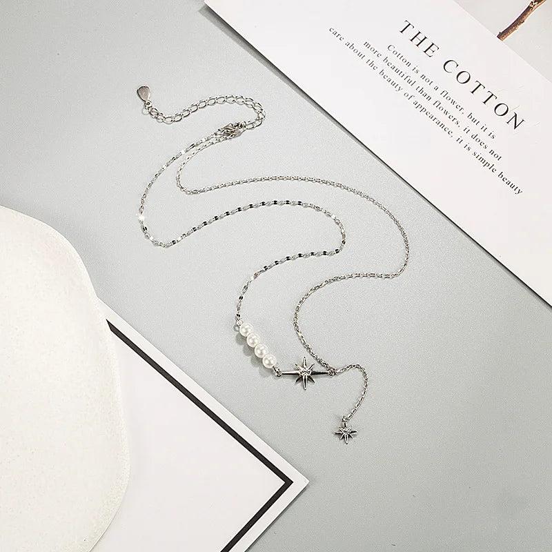 S925 Silver Star Necklace Women's Pearl Diamond Clavicle Chain Jewelry