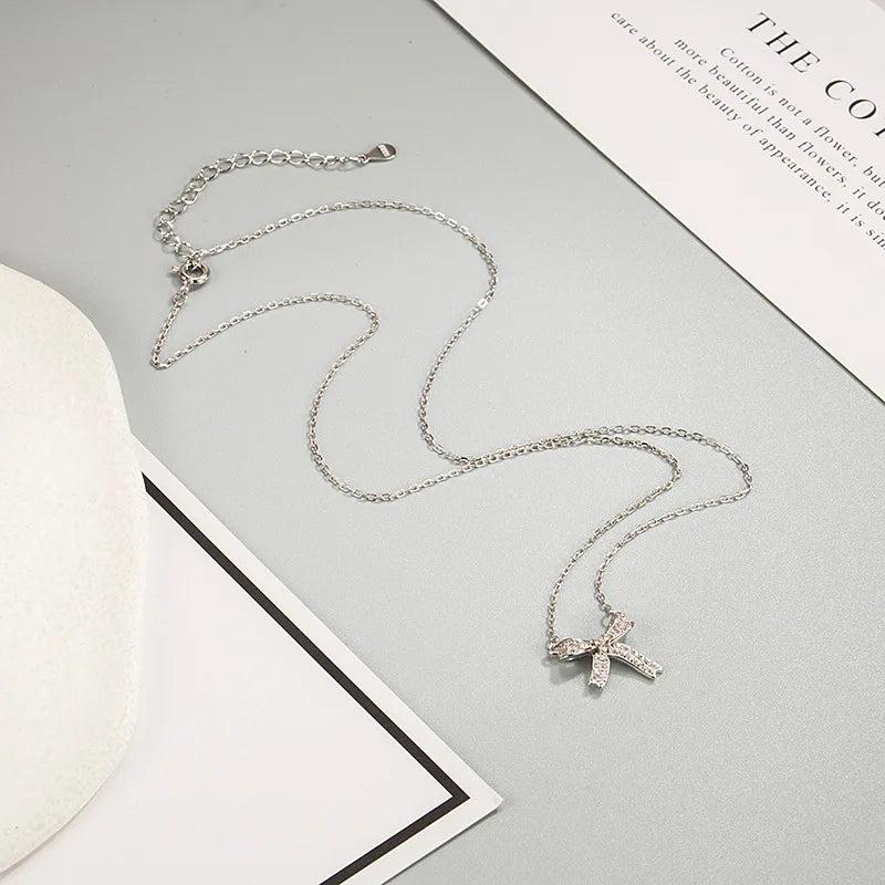 S925 Sterling Silver Bow Necklace - Elegant Gift for Her