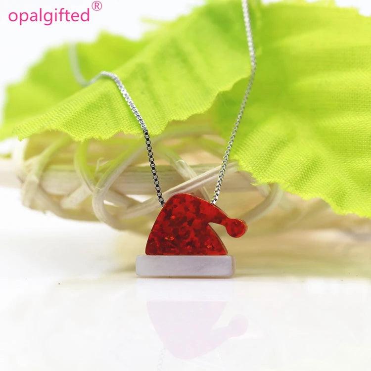 Synthetic Opal red Christmas hat Pendant Necklace with Pearl