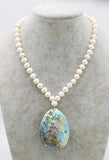 Freshwater Pearl Green Abalone Shell Egg Pendant Necklace 18in