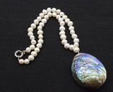 Freshwater Pearl Green Abalone Shell Egg Pendant Necklace 18in
