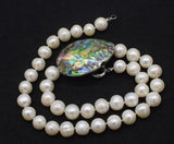 Freshwater Pearl Green Abalone Shell Egg Pendant Necklace 18in
