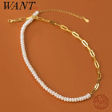 925 Silver Chain Link Pearl Necklace for Women Wedding Jewelry
