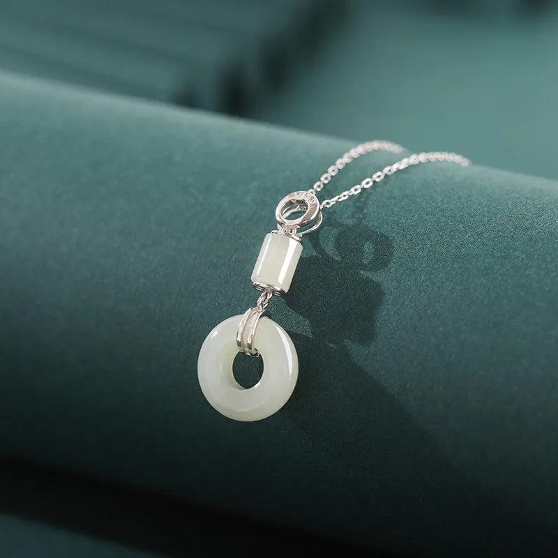 925 Sterling Silver Hetian Jade Lucky Safty Buckle Circle Dangle Necklace