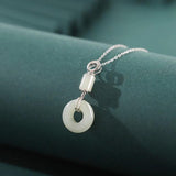 925 Sterling Silver Hetian Jade Lucky Safty Buckle Circle Dangle Necklace