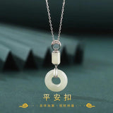 925 Sterling Silver Hetian Jade Lucky Safty Buckle Circle Dangle Necklace