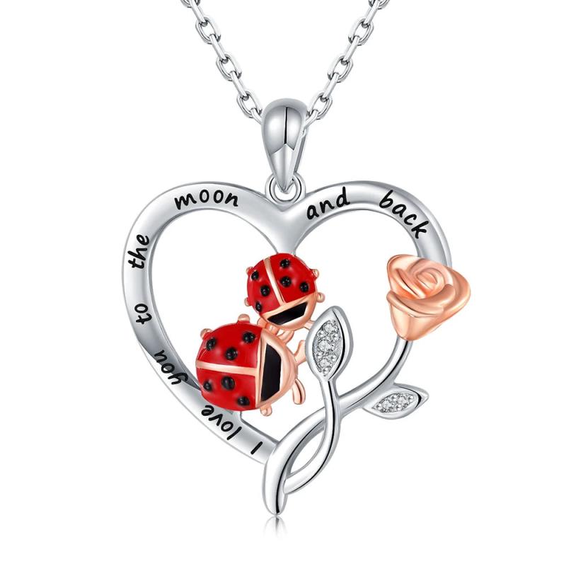 925 Silver Ladybug Mom & Baby Pendant Necklace Mother's Jewelry