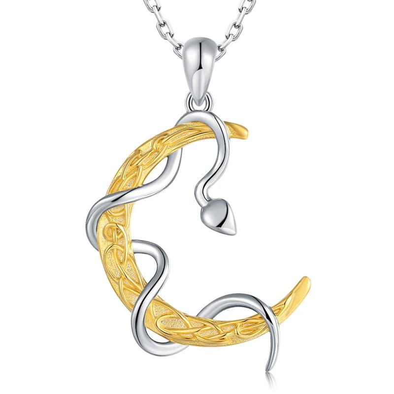 925-Sterling-Silver Snake Coiled Around Moon Pendant Necklace